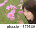 コスモス畑の女性