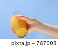 ドリンク（オレンジジュース）を持つ女性の手と空