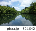 木々と雲を反映する晴れた軽井沢雲場池