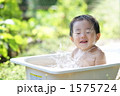 外でお風呂　水がはねたよ