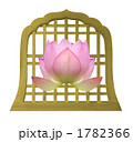 お寺の窓と ピンクのはすの花 中央 合成 白背景 