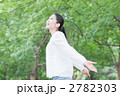 木々の中で深呼吸をする女性