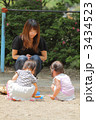 砂場で遊ぶ子らを見守る母親