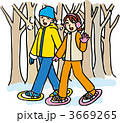 スノーシューで冬の森を歩くカップルイラスト