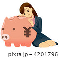 ブタの貯金箱と女性