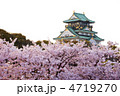 大阪城と夕日に染まる桜