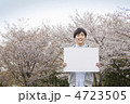 桜をバックにメッセージボードを持った男性