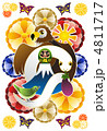 2013年巳年年賀状用イラスト素材（一富士二鷹三茄子カラフル）