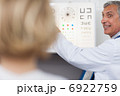 Smiling doctor doing an eye test on a patient in a hospital