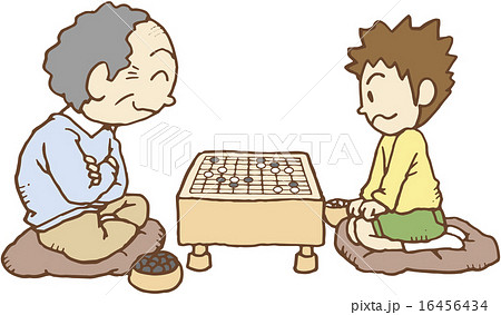 おじいさんと囲碁対決する少年のイラスト素材