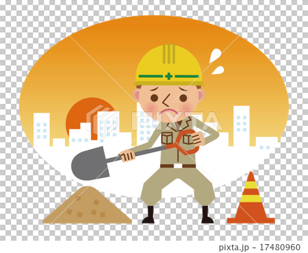 图库插图: 使用铲子的工人(晚上背景·紧)