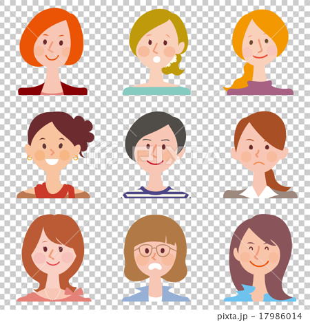 插图素材: 9女性的情绪和情绪面部表情集