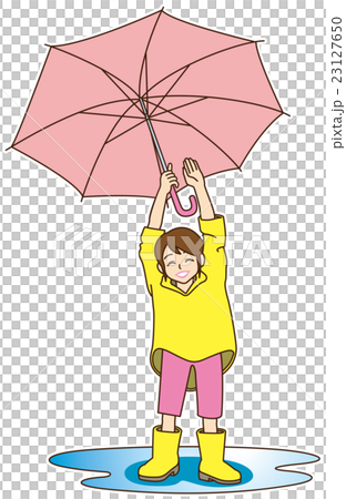 插图素材: 摇头伞的小学女孩,很高兴雨已经停止了(雨衣 水池)