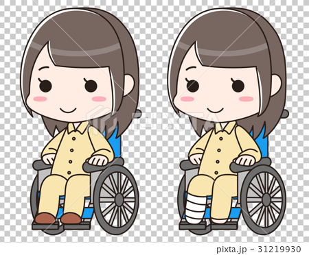 图库插图: 一名女子穿着绷带断腿,扭伤,受伤,住院和坐轮椅.