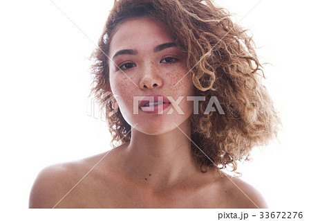 Portrait Of A Curly Woman With Freckles And Naked Pixta