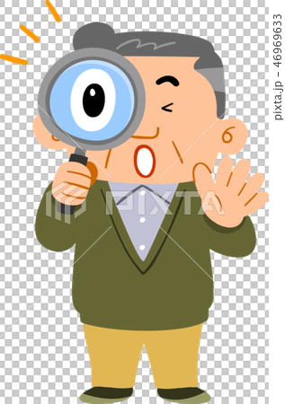惊奇/惊讶 插图 惊讶的中年男子叔叔用放大镜 首页 插图 姿势/表情