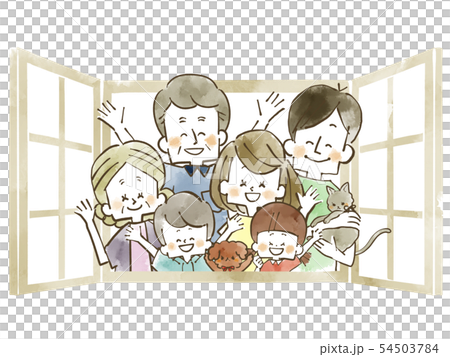 插图素材 三代家庭窗口水彩画