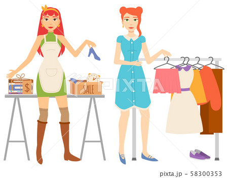 イラスト素材: woman shopping, clothes store and books sale set