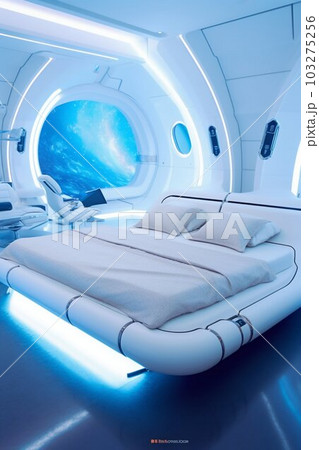 Futuristic Bedroom Decor With Large White Bed Pixta