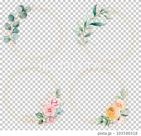 Round Golden Frames With Watercolor Flowers And Stock Illustration