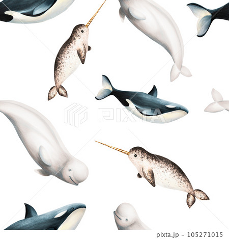 Watercolor Seamless Pattern With Beluga Killer