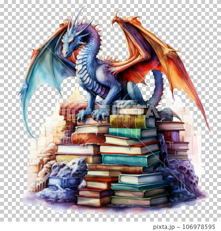 Watercolor Dragon Guarding Stack of books のイラスト素材 106978595 PIXTA