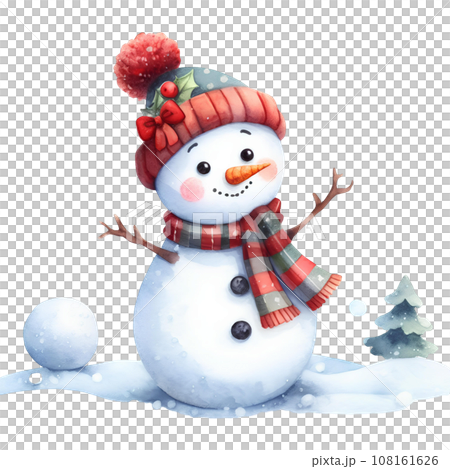 Watercolor snowman with hat and scarf isolated のイラスト素材 108161626