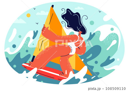 Happy Woman Windsurfing In Sea Pixta