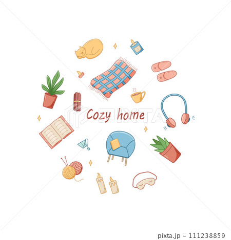 Cozy home set of doodle cartoon icons Vector のイラスト素材 111238859 PIXTA