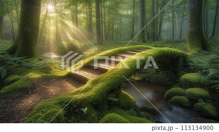 Moss Covered Wooden Bridge Path In A Tranquil Pixta