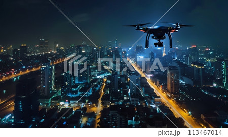 Large Drone Flying Over City at Nightのイラスト素材 113467014 PIXTA