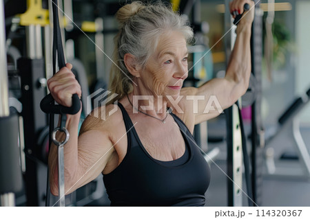 Elderly Woman With An Athletic Figure Works Out