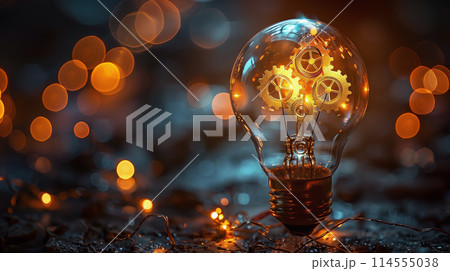 Close up of light bulb with gear mechanism insideのイラスト素材 114555038