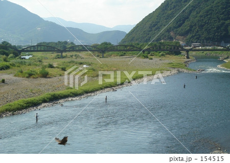 アユを探す鳶とアユ釣り風景 154515