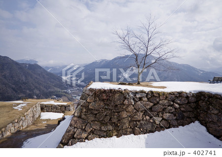 竹田城跡の雪と冬枯れの桜 402741