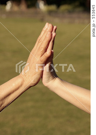 手を合わせるシニアと若い女性の手 手を合わせるシニアと若い女性の手 553645