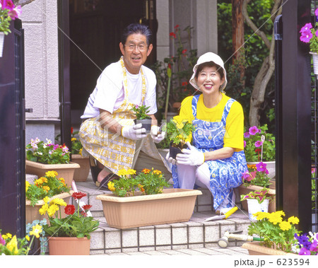 花の手入れをする夫婦 花の手入れをする夫婦 623594