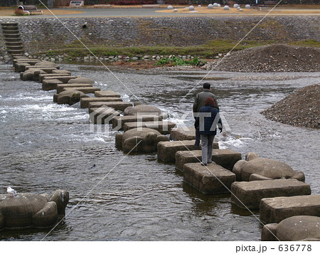 京都鴨川で飛び石を渡る夫婦 636778