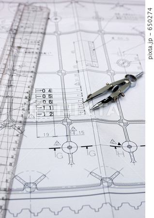コンパスと図面の写真素材