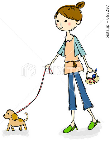 犬の散歩中の女の子のイラスト素材