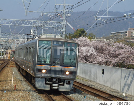 夙川の満開の桜を横目に通過する207系 684786