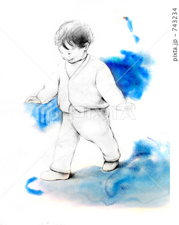みずたまりで遊ぶ男の子 水彩画のイラスト素材
