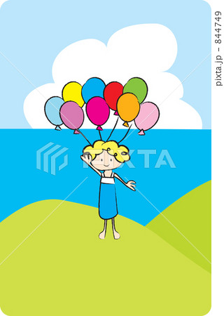 風船で飛ぶ女の子のイラスト素材