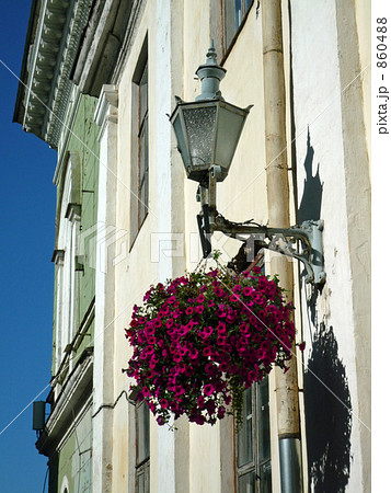 エストニア・タリン旧市街の白壁の家と街灯と花籠 エストニア・タリン旧市街の白壁の家と街灯と花籠 860488
