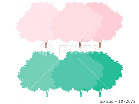 桜の木と緑の木 シルエット のイラスト素材