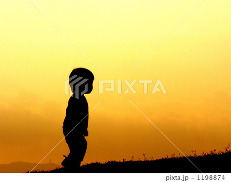 男の子 夕焼け 子供の写真素材