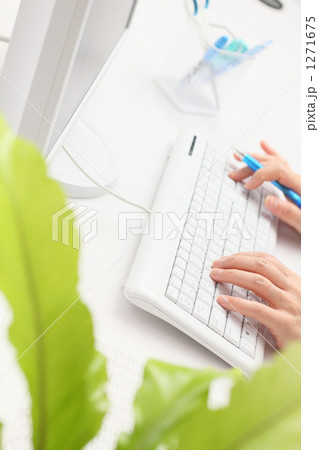緑のあるオフィスデスクと女性オペレーターの手　２ 1271675