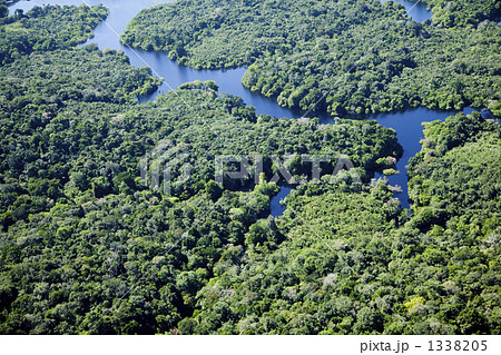 アマゾン川ジャングル空撮の写真素材