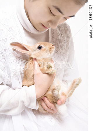 ミニウサギを抱く女性の写真素材