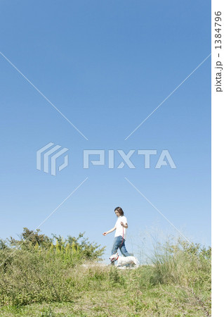 犬と散歩する若い女性 犬と散歩する若い女性 1384796